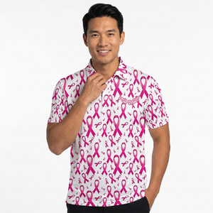 เสื้อโปโลชายพิมพ์ลายริบบิ้นสีชมพู แขนสั้น สวมใส่สบาย ผลิตจากโพลีเอสเตอร์ 100% ระบายอากาศได้ดี ดีไซน์โลโก้ด้านหน้า - Product Image 4