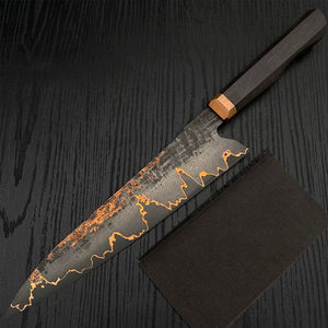 Cuchillo de carnicero de cobre damasco de primera calidad con hoja larga y elegante y mango de madera para cortar y servir asados. - Product Image 3