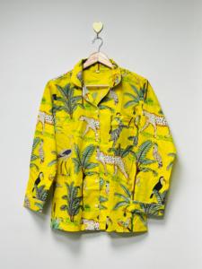 Womens Summer 3 Piece Yellow Safari Eco-Friendly Luxury Pajama Set Cotton Animal Print Sleepwear Shirt <b>Trousers</b> Matching - Product Image 3