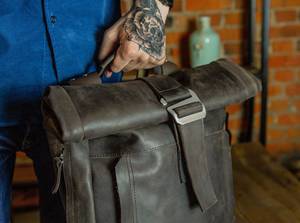 Premium <b>Black</b> Leather Roll Top <b>Backpack</b> Sleek Professional Laptop Rucksack For OEM ODM Orders LTBP-0215 - Product Image 5