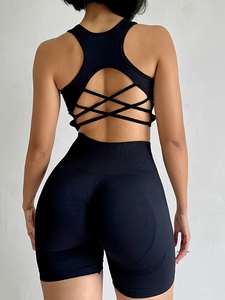 Nouvel Arrivage 2026 Ensemble Sportif Femme : Crop Top Côtelé Bleu Dos Nageur et Short Cycliste Taille Haute Froncé pour Gym, Yoga et Sport - Product Image 3