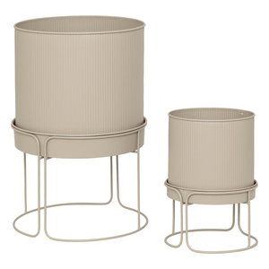 Pots à plantes modernes en métal côtelé beige avec support décoratif en fer pour la décoration intérieure et extérieure de la maison et du jardin - Product Image 1