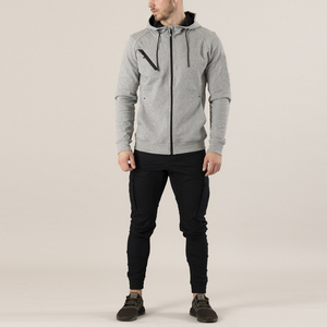 Sweat-shirt à capuche gris pour homme, fermeture éclair, manches longues, poches latérales, coupe classique, style décontracté d'automne, 100% polyester, couleur unie - Product Image 1