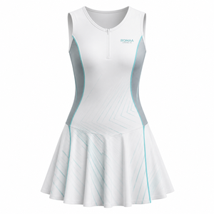White Aqua Grey Custom Women Tennis Dress Sleeveless Half Zip Quick Dry Athletic Uniform with Flared <b>Skirt</b> and <b>Mesh</b> Panels - Product Image 1