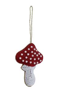 เครื่องประดับแขวนรูปเห็ดประดับลูกปัด – งานปักมือแบบซารีและซาร์ดอซี งานฝีมืออินเดีย ของตกแต่งทำมือสำหรับรอมฎอน อีด และของขวัญคริสต์มาส - Product Image 1