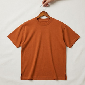 เสื้อยืดคอตตอนพรีเมียมเนื้อหนา สีส้ม ทรงโอเวอร์ไซส์ ไหล่ตก แบบเรียบ ไม่มีลาย พร้อมช่องด้านข้าง สำหรับผู้ชาย ใส่สบาย - Product Image 1