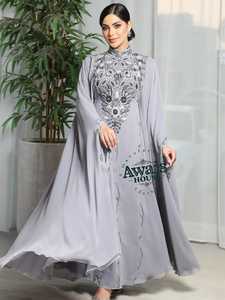 Avais House Women's Gray Modest Abaya High Neck Long Sleeve Floor Length Beaded Embroidered Plus Size Evening Party Wear - Product Image 2