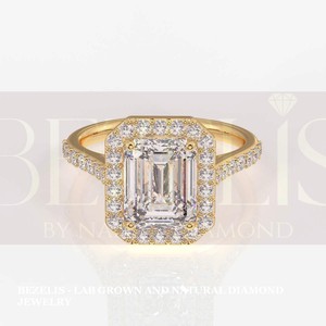 <b>Emerald</b> Cut Lab Grown Diamond Halo Engagement <b>Ring</b> Womens Luxury <b>Silver</b> Pave Band For Party And Birthday Fine - Product Image 4