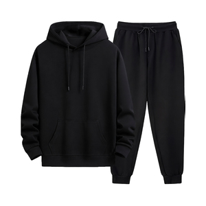 Ensemble de survêtement personnalisé pour homme, sweat-shirt à capuche noir uni et pantalon de jogging, molleton de coton minimaliste - Product Image 4