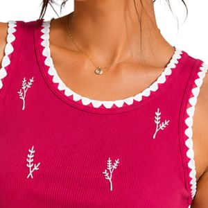 Camiseta sin mangas acanalada rosa cereza y blanca para mujer, bordada, informal, de verano, ajustada, de algodón elástico, personalizada, OEM. - Product Image 5