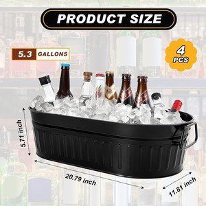 Matte Black Oval Galvanized Steel <b>Ice</b> Bucket With Wire Side Handles Ribbed Party Wine, Beer Chilling Beverage Tub For Serving - Product Image 2