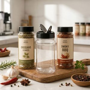 Cylindrical PET Plastic Container with Black Flapper <b>Shaker</b> Lid for <b>Salt</b> Pepper Seasoning Food Packaging Vietnam Factory - Product Image 3