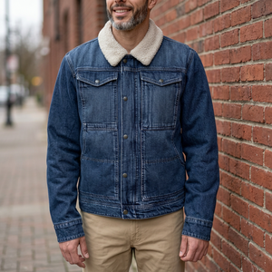 Chaqueta vaquera de hombre, lavado medio, con cuello de sherpa, estilo casual, con botones, tipo camionero - Product Image 4