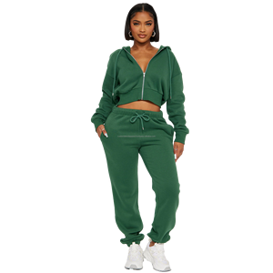 Chándal de dos piezas de entrenamiento personalizado sólido de Invierno para mujer Sudadera con capucha corta de manga larga multicolor y conjuntos de joggers apilados - Product Image 1