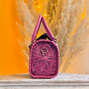 New Handcrafted Western Stylish Hand Tooled Florals Carved With Single Stone Studded 100% Genuine Leather <b>Mini</b> Speedy Duffle Bag - Product Image 2