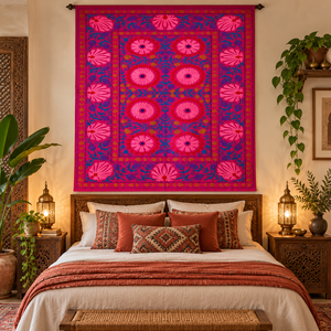 Exclusive Handmade Suzani Cotton Bedsheet Crimson Pink <b>Blue</b> Floral Embroidery Bohemian Indian Ethnic Home Decor <b>Bedspread</b> - Product Image 4