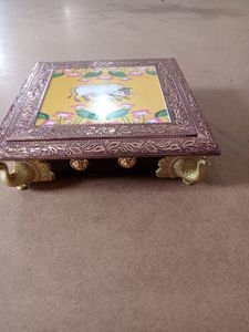 Traditional Indian Regular Hand-Painted Pooja Chowki/Bajoth Decorative Bamboo and Wood <b>Craft</b> Handmade Metal Chowki For Home - Product Image 3