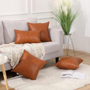 Funda de cojín rectangular de piel sintética marrón con costuras modernas, funda de almohada lavable con cierre tipo sobre para decoración del hogar - Product Image 2