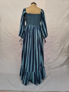 Robe longue décontractée pour femme en coton tissé à rayures bleues, col carré, manches longues smockées, coupe trapèze, taille naturelle, respirante - Product Image 3