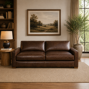 Premium Midcentury Modern Leather <b>Sofa</b> Bed Two Seat Solid Wood Legs Back Boxy Arm Living Room Hotel Lounge Villa - Product Image 1