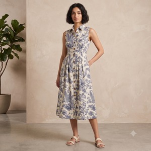 Robe chemise midi sans manches pour femme, motif floral bleu et blanc, taille froncée, en coton extensible, boutonnée sur le devant avec poches - Product Image 4