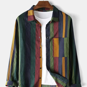 Nueva Camisa de Lino y Algodón de Manga Larga para Hombre, Camisas Estampadas Retro con Combinación de Colores - Product Image 1