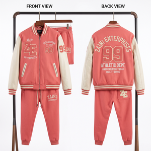 Winter Casual Solid 320 GSM Heavyweight Cotton Polyester Varsity <b>Tracksuit</b> <b>Pink</b> Contrast Sleeve Custom Chenille Patch Logo <b>Set</b> - Product Image 1
