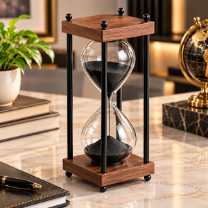 Reloj de arena artesanal con base de madera, temporizador de arena negro, reloj de arena decorativo antiguo, reloj de arena único de 30 minutos, 10 pulgadas, para el hogar u oficina. - Product Image 4