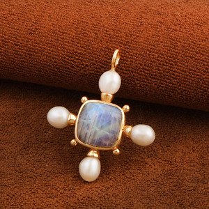 Turquoise Amazonite <b>Moonstone</b> Strawberry Quartz <b>Pendant</b>, Gold Plated Pearl Cross Design Handmade Fashion Jewelry Women Gift Bulk - Product Image 3