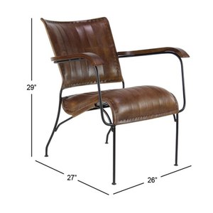 Fauteuil vintage en cuir marron avec assise capitonnée, accoudoirs en bois, structure en métal noir, chaise longue relaxante - Product Image 4