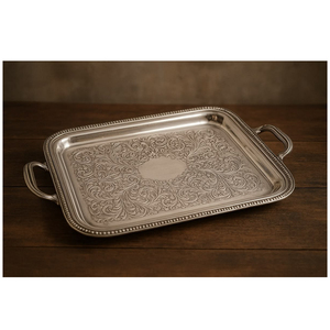 Plateau de service ovale élégant en métal, style baroque vintage avec poignées, plateau plaqué argent de haute qualité pour la décoration intérieure et les événements - Product Image 1