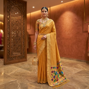 <b>Yellow</b> Silk <b>Saree</b> With Peacock Embroidery And Zari Weaving Work For Wedding Functions - Product Image 4