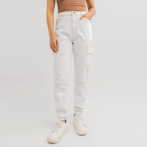 Plus Size Women's High Waist <b>White</b> <b>Cargo</b> Pants Full Length Casual Style With Pockets Button Fly Regular Fit Spring Season - Product Image 3