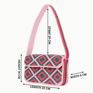 Bohemian Multi Beaded Crossbody Bag With Geometric Embroidery Flap Closure Single Strap Pink <b>Green</b> Women Daily Use - Product Image 3