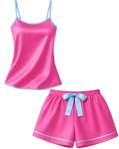 Custom Pink Blue Satin Women Pajama Set Silk Sleepwear <b>Spaghetti</b> <b>Strap</b> Cami And Shorts Soft Luxury Nightwear Summer Lounge Set - Product Image 1