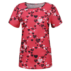 Custom Women’s Red Heart Print Medical Scrubs Top V-Neck Short Sleeve <b>Nurse</b> Uniform with Pockets Hospital - Product Image 5
