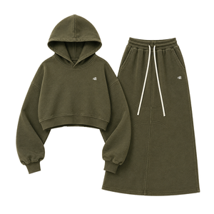 OEM Cropped Hoodie and Custom Length <b>Maxi</b> <b>Skirt</b> Sets Heavyweight Cotton Fleece Two-Piece Streetwear Winter Tracksuits for Women - Product Image 2