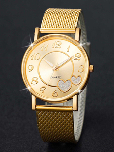 192010 2pcs/set Ladies <b>Mesh</b> Strap Quartz Wristwatch With Heart Shaped Dial and Bracelet - Product Image 4