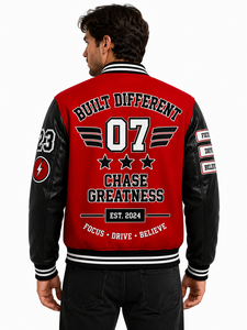 Legend Status Red <b>Men's</b> Varsity <b>Jacket</b> 100% Cotton Anti-Bacterial Zipper Closure Sleeve Patch Design <b>Letter</b> Print Casual Style - Product Image 5