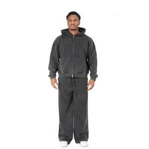 Ensemble de survêtement gris foncé à capuche pour homme, fermeture éclair intégrale, coupe décontractée, sweat-shirt et pantalon en coton, tenue d'automne, couleur unie - Product Image 1