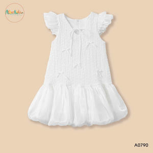 Hight Quality Casual <b>Girls</b>' Dress for Spring Summer <b>Baby</b> <b>Girl's</b> Casual Dress with Gauzy Short Sleeves and Chest <b>Bow</b> for Children - Product Image 1