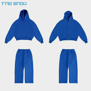 Conjunto Deportivo Unisex TNO SHOU Azul con Capucha, Manga Larga, Color Sólido, Estilo Casual, Otoño, Corte Holgado, Sudadera con Cierre Frontal y Pantalones - Product Image 1