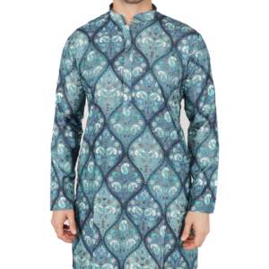 Ensemble Kurta Pajama brodé pour homme - Vêtement ethnique traditionnel en soie Dola bleue - Product Image 2