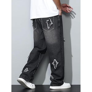 Jean en denim noir délavé coupe ample pour homme, jambe large, style décontracté urbain streetwear - Product Image 4