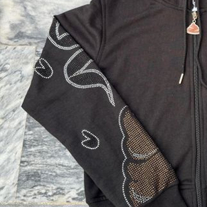 Sudadera con capucha para hombre 100% algodón, estilo urbano, con cremallera, bordado personalizado de pedrería negra, corte regular, estilo robusto, con bolsillo de forro polar - Product Image 5