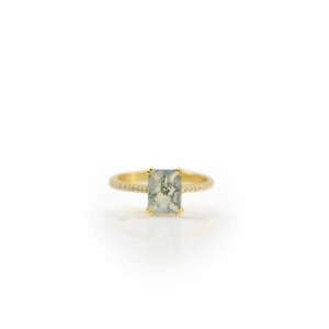 Bague en Agate Mousse Naturelle Coupe Émeraude en Argent Sterling 925 Plaqué Or 14K, Bague de Promesse Délicate à Empiler - Product Image 2