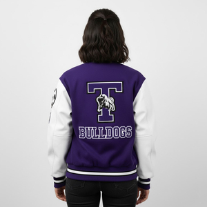 Veste universitaire Y2K personnalisée en molleton épais violet, bomber avec manches en cuir blanc, patchs en chenille, streetwear - Product Image 6