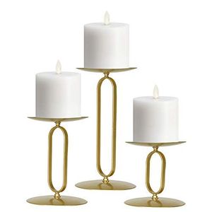 Luxury Geometric <b>Oval</b> Metal Candle Holders Set of 3 Brushed Gold Pillar Stand Centerpiece for <b>Coffee</b> <b>Table</b> & Dining - Product Image 1