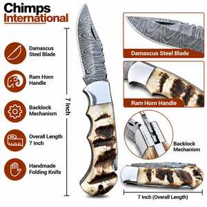 Couteau pliant de chasse en acier de Damas pour l'extérieur, couteau tactique de survie pour le camping, manche en corne de bélier, clip de ceinture, DIY ODM/OEM, lame droite - Product Image 2