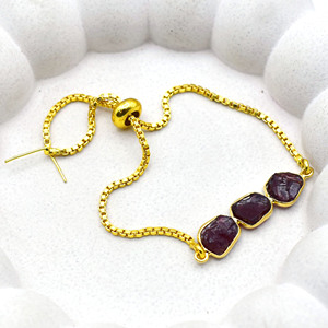 Raw Garnet Gemstone Triple Stone <b>Bracelet</b> Gold Plated <b>Adjustable</b> Slider Handmade Dainty January Birthstone Jewelry Gift - Product Image 2